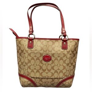COACH PEYTON SIGNATURE TOTE Tan Red khaki and brown monogram Canvas leather trim